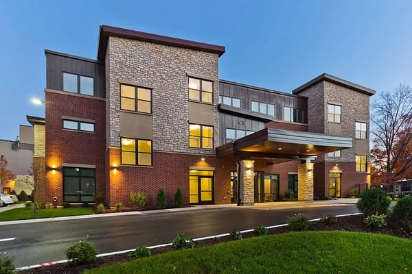 Exterior view of a modern assisted living facility