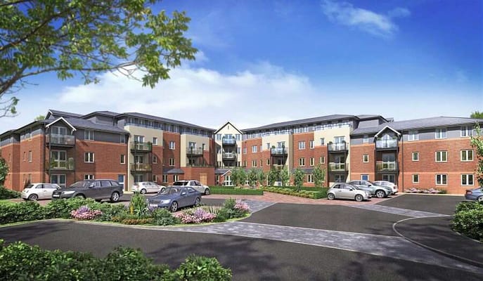 Exterior view of a senior living facility with parking