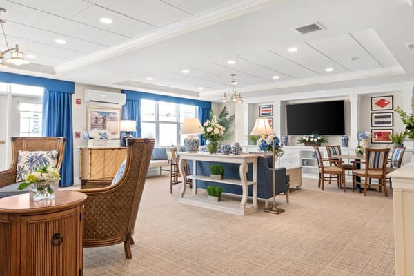 Bright common area with comfortable seating and decor