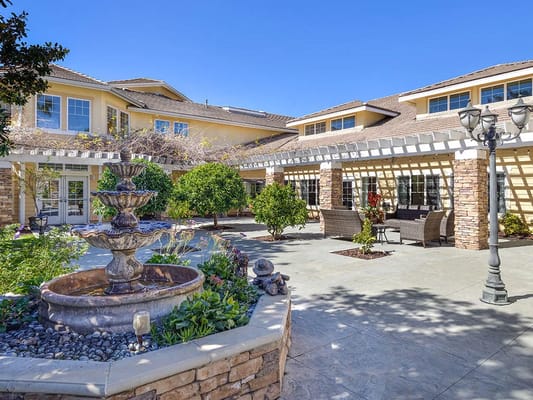 Courtyard with fountain and seating areas