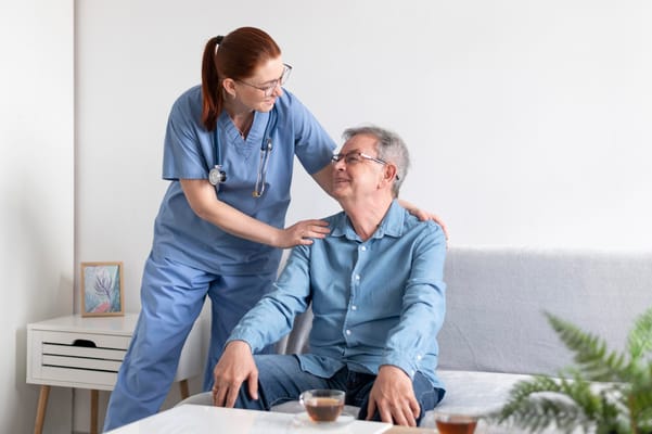 Nurse assisting a resident in a cozy indoor setting