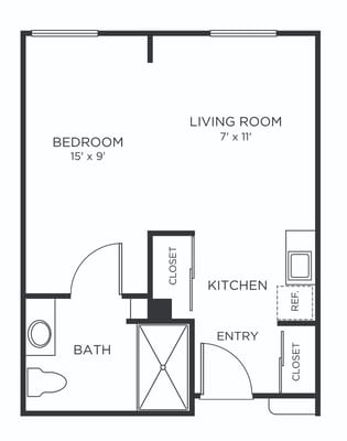 Architectural floor plan of a one-bedroom unit