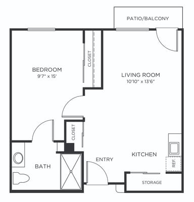 Architectural floor plan of a one-bedroom unit