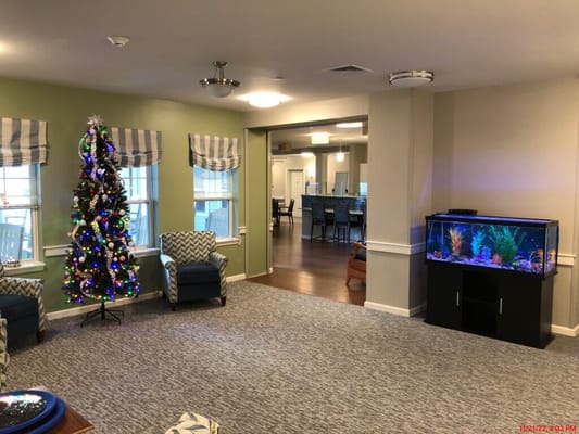 Interior view of a common area with seasonal decoration
