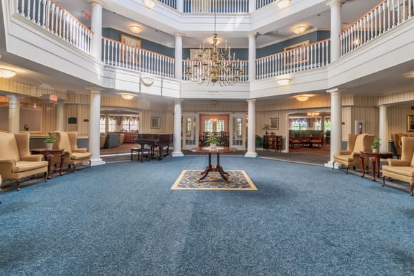 Bright interior view of a common area with seating