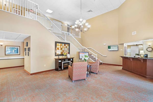 Bright common area with seating and decor