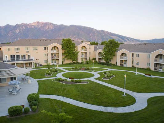 Aerial view of the outdoor courtyard and facility buildings