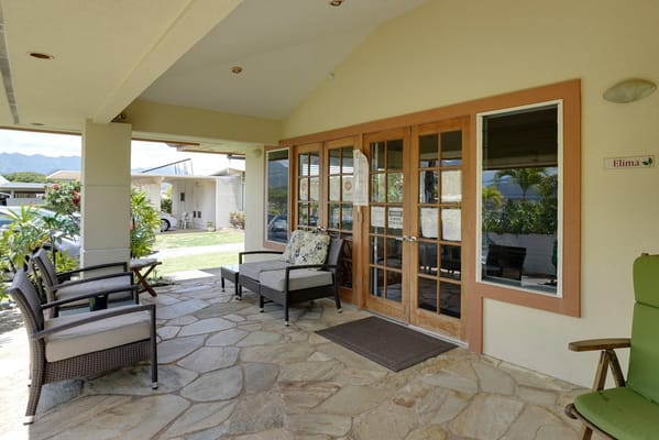 Seating area on the porch with folding chairs