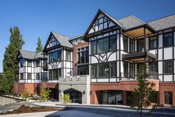 Exterior view of a senior living facility with modern architecture