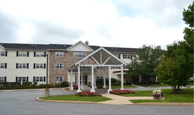 Main entrance of Glen Mills Senior Living facility