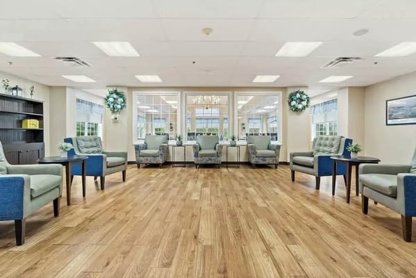 Bright and spacious interior common area with seating