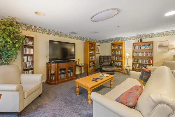 Comfortable lounge with seating, bookshelves, and a TV