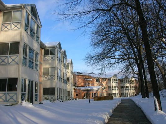 Exterior view of the Meth Wick Community buildings in winter