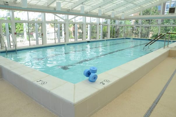 Bright indoor swimming pool with exercise equipment
