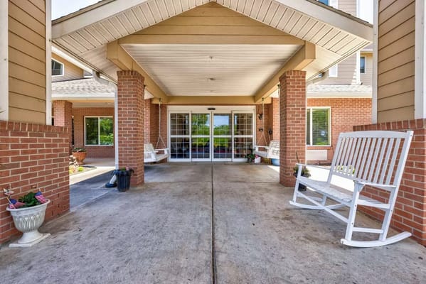 Entrance of the facility with rocking chairs