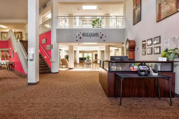 Bright interior of a senior living facility lobby