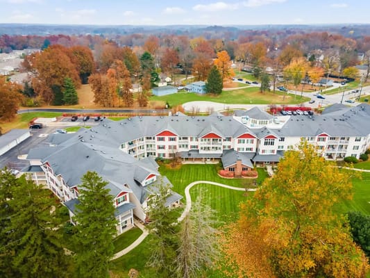 Aerial view of Rittenhouse Village Gahanna surrounded by fall foliage