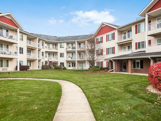 Outdoor view of a senior living facility courtyard