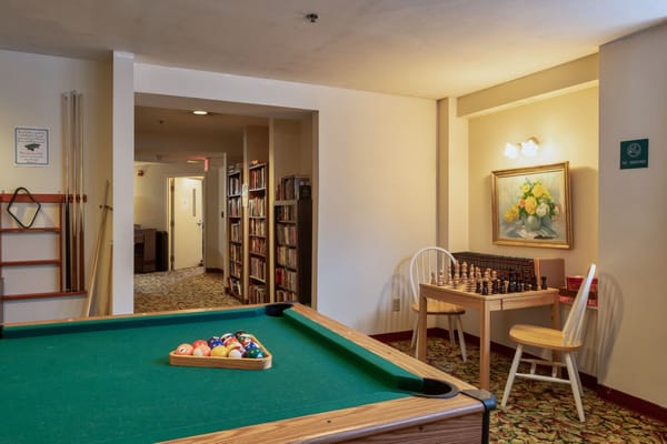 Interior view of a leisure room with a pool table and bookshelves