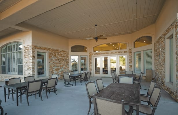 Outdoor patio with tables and seating