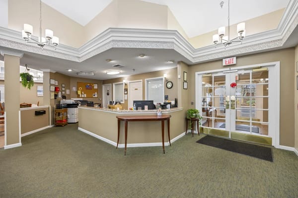 Welcoming reception area with front desk at Summit Place Assisted Living