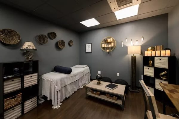 Serene therapy room with calming decor and lighting
