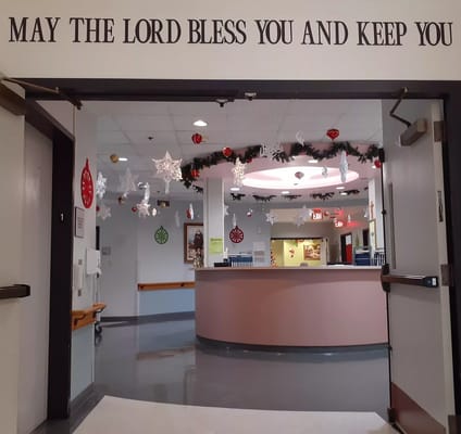 Entryway view with decorations at Saint Francis Nursing Home