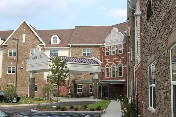 Entrance of Belvedere Senior Housing with awning