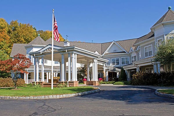 Exterior view of an assisted living facility entrance