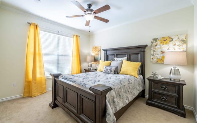 Well-decorated bedroom in a senior living facility