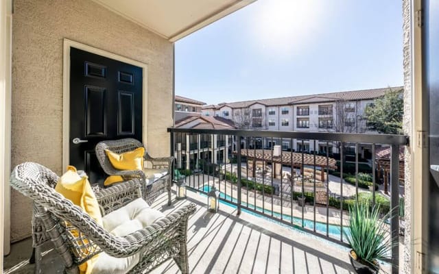 Balcony view overlooking the gardens and facility