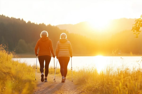Two seniors walking by a lake during sunset