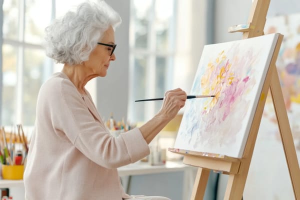 Elderly woman painting on canvas in a bright room