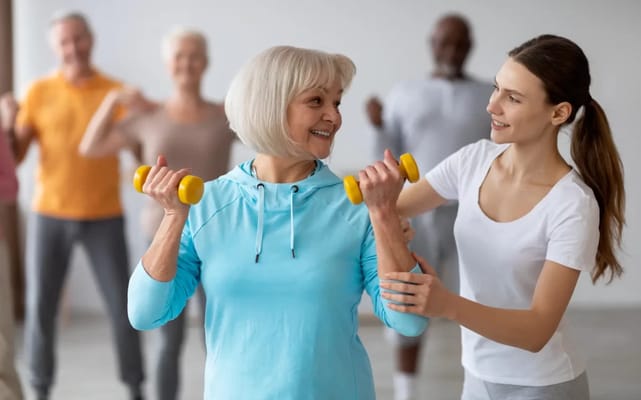 Residents participating in a fitness class with staff support