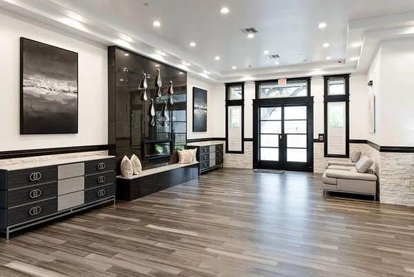 Modern lobby of an assisted living facility with seating