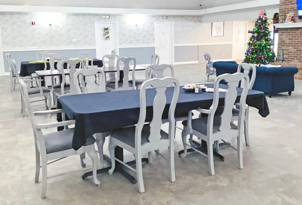 Dining room with tables set up for residents