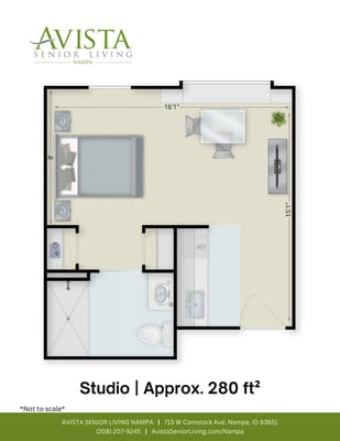 Architectural floor plan of a studio unit at AVISTA Senior Living