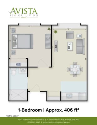 Floor plan of a one-bedroom unit at Avista Senior Living Nampa