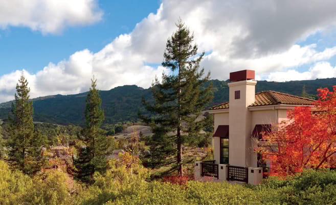 View of the facility with trees and mountains in the background