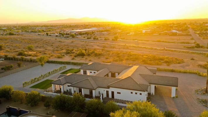 Aerial view of Lake Pleasant Assisted Living at sunset