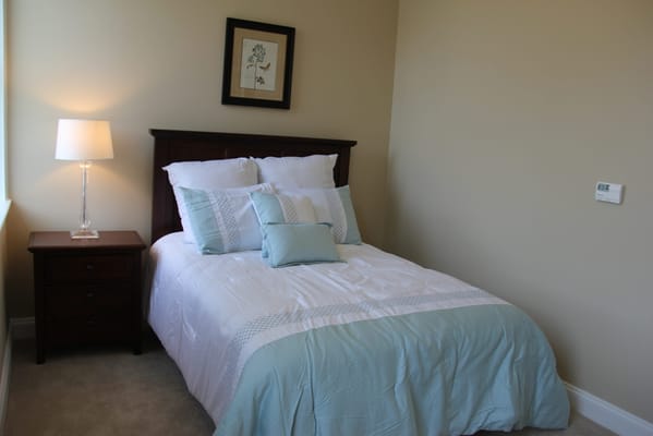 Cozy bedroom with a soft blue theme and natural light