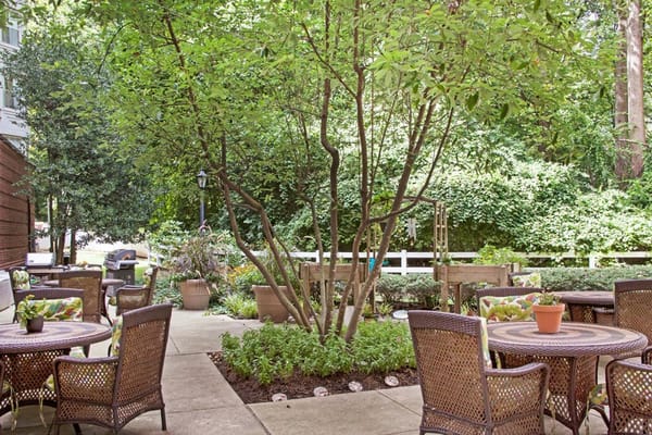 Lush outdoor seating area with tables and chairs