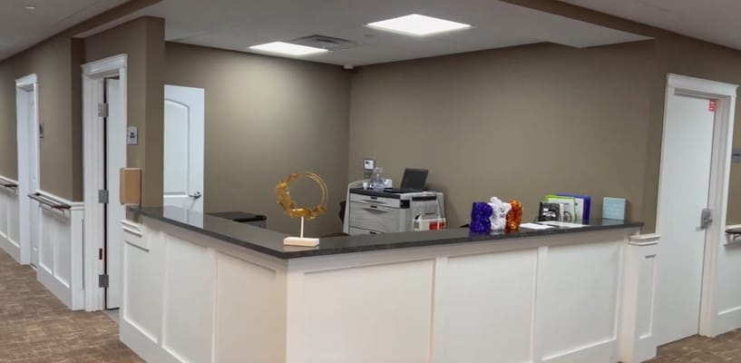 Reception area with a front desk in a nursing home