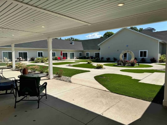 Outdoor space with landscaped gardens and pathways