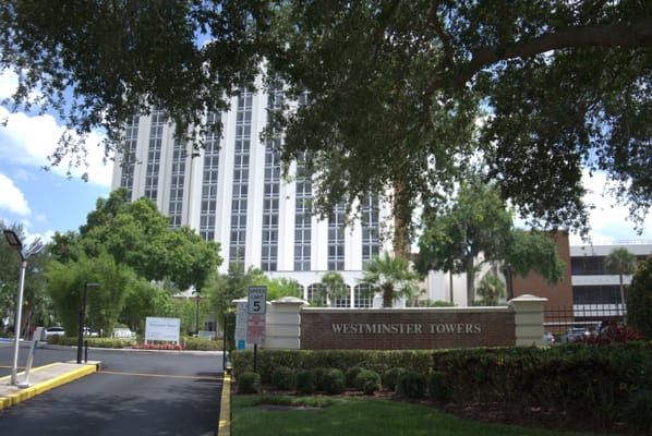 Exterior view of Westminster Towers with trees