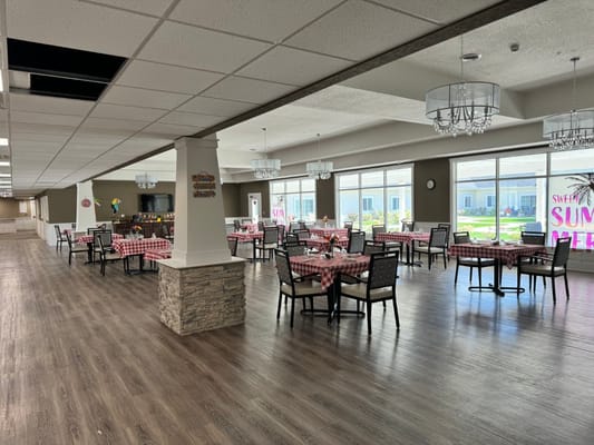 Dining room setup with checkered tablecloths