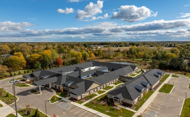 Aerial view of Hampton Manor of Van Buren's building and grounds