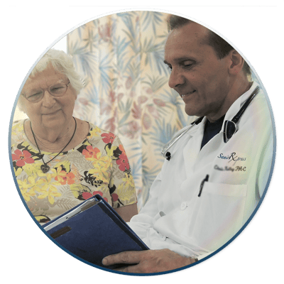 Healthcare professional interacting with resident in a caring environment