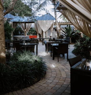 Outdoor patio area with seating and greenery
