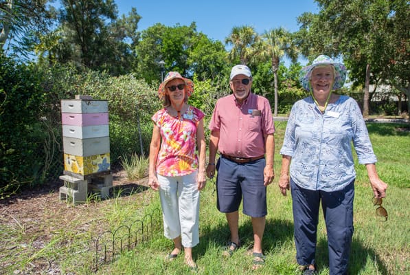 Residents enjoying a sunny outdoor space with beehives
